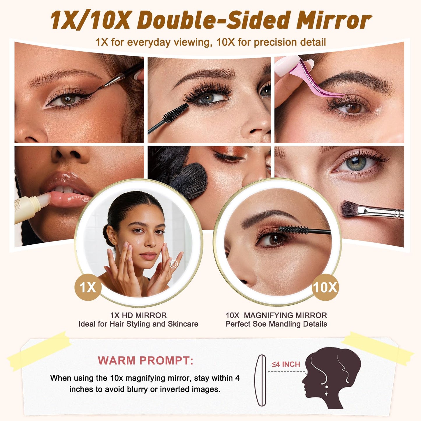 Matekxy 8" Lighted Makeup Mirror with Magnification - 1X/10X Magnifying Desk Mirror with Rechargeable LED Lights, 3 Colors Dimmable Tabletop Mirror, Brass Gold