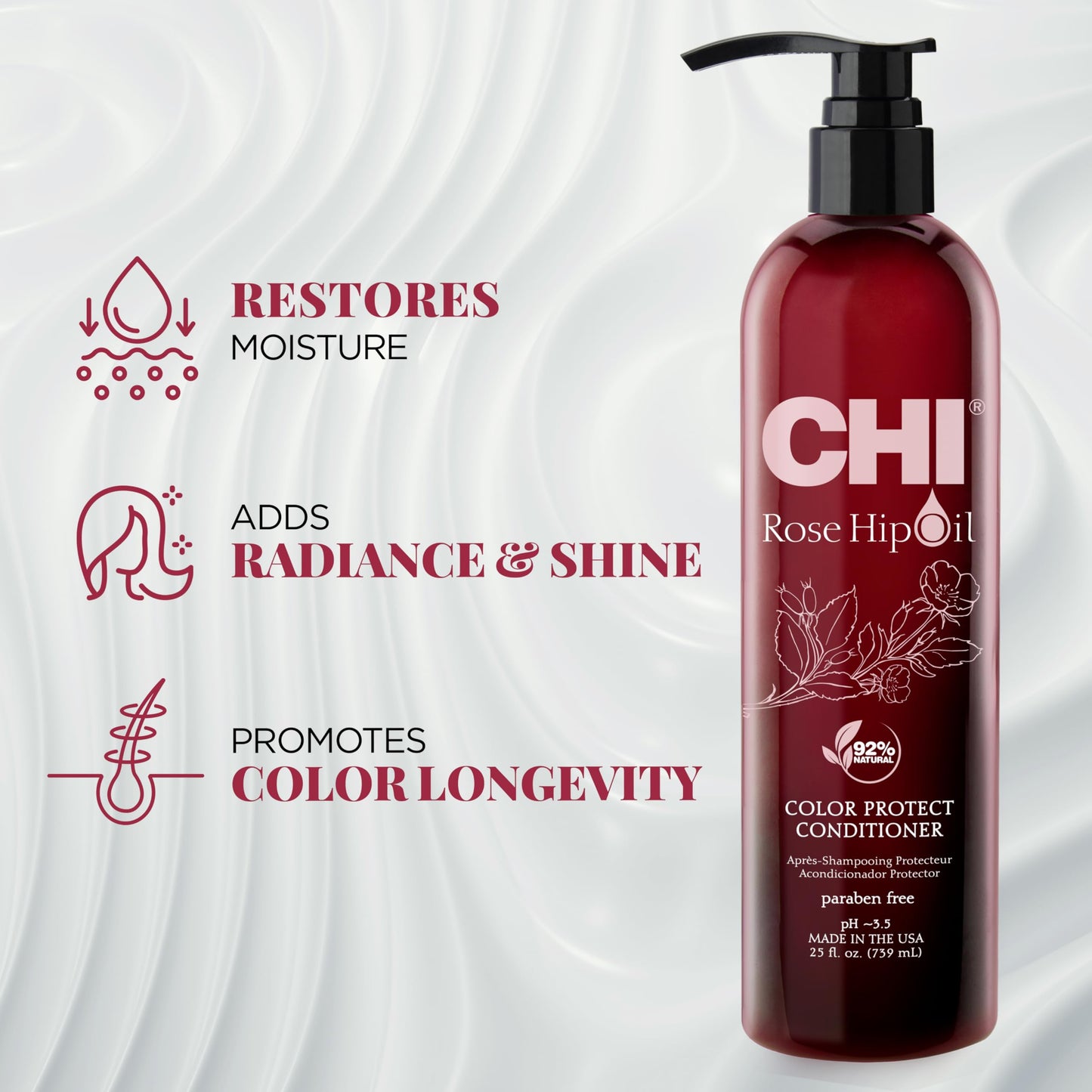 CHI Rosehip Oil Protecting Conditioner, Restores Moisture To Color-Treated Hair & Helps Retain Color, Sulfate, Paraben, & Cruelty-Free, 25 Oz