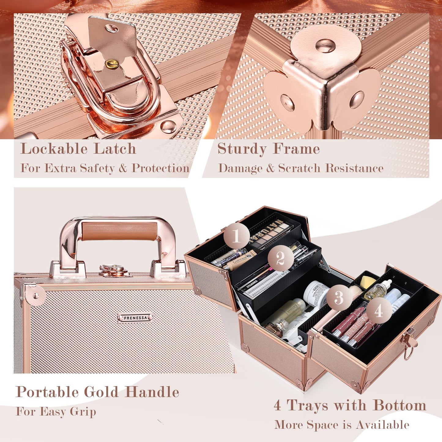 FRENESSA Makeup Train Case Makeup Case Travel Cosmetic Box Organizer Portable Make Up Box with Dividers Lockable for Artist Nail Sewing Vanity Storage Makeup Travel Case Rose Gold