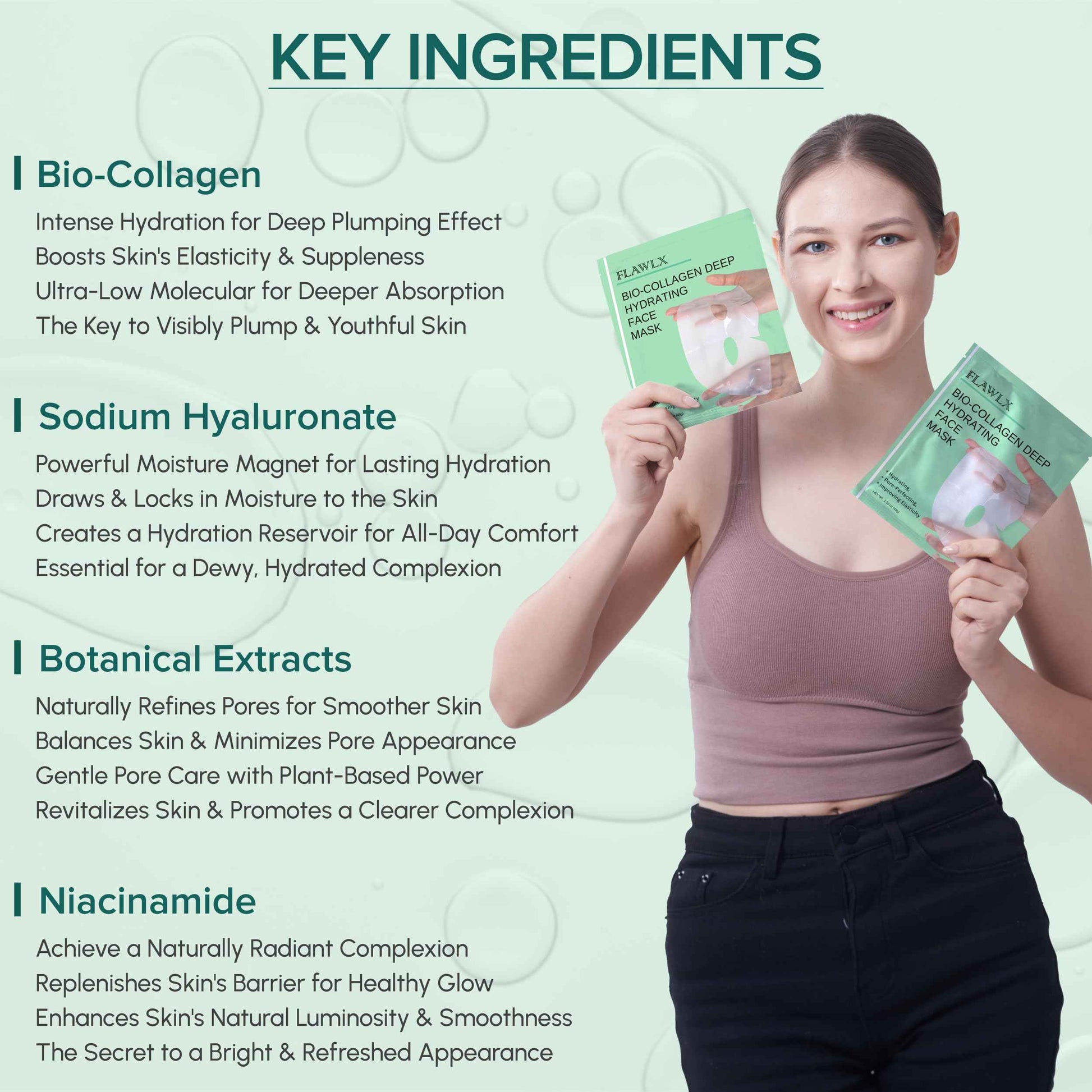 Flawlx Bio-Collagen Real Deep Face Mask, Hydrating Overnight Hydrogel Mask, Pore Minimizing, Elasticity Boosting, With Natural Ingredients, Facial Mask 45g (5-Pack)