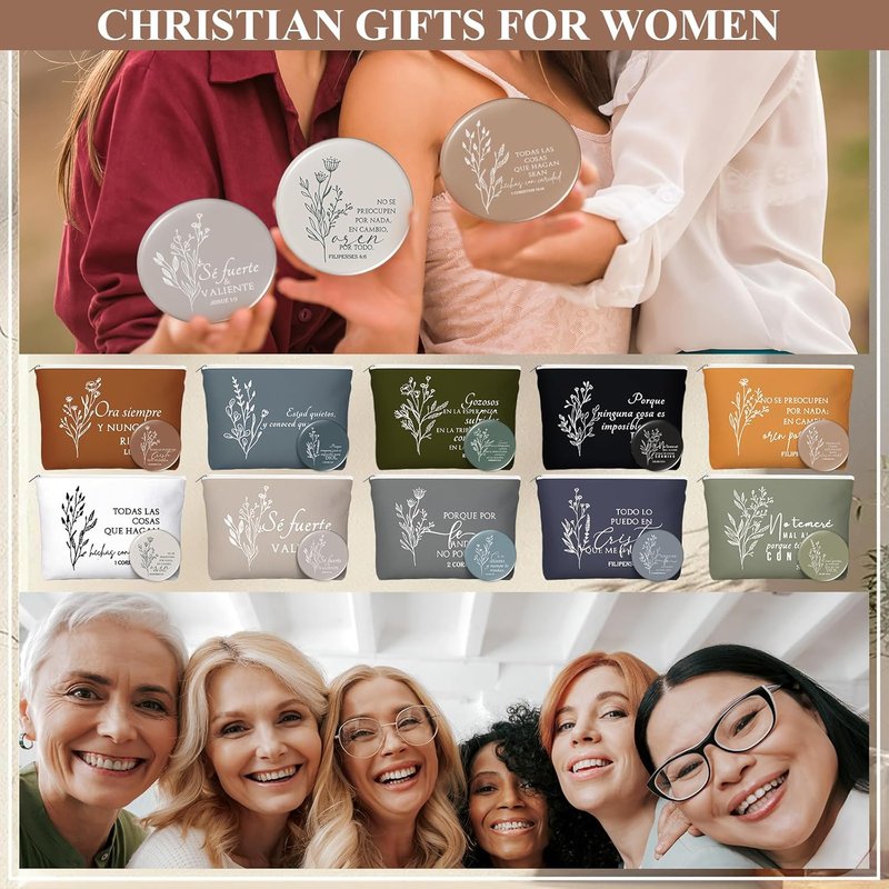 Spanish Christian Gifts for Women - 30 Sets Bible Verse Makeup Bags & Compact Mirrors | Boho Canvas Design