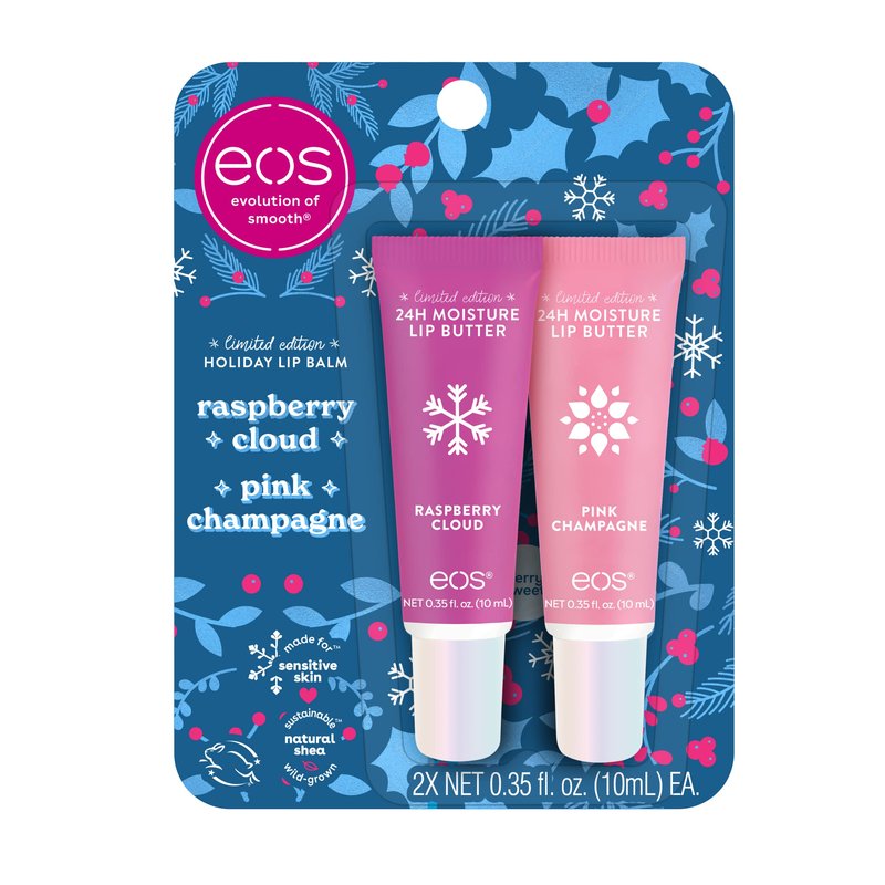 EOS Limited Edition Holiday Lip Balm, Raspberry Cloud & Blackberry Bellini, All-Day Moisture, Made for Sensitive Skin, 0.14 oz, 2-Pack, Clear