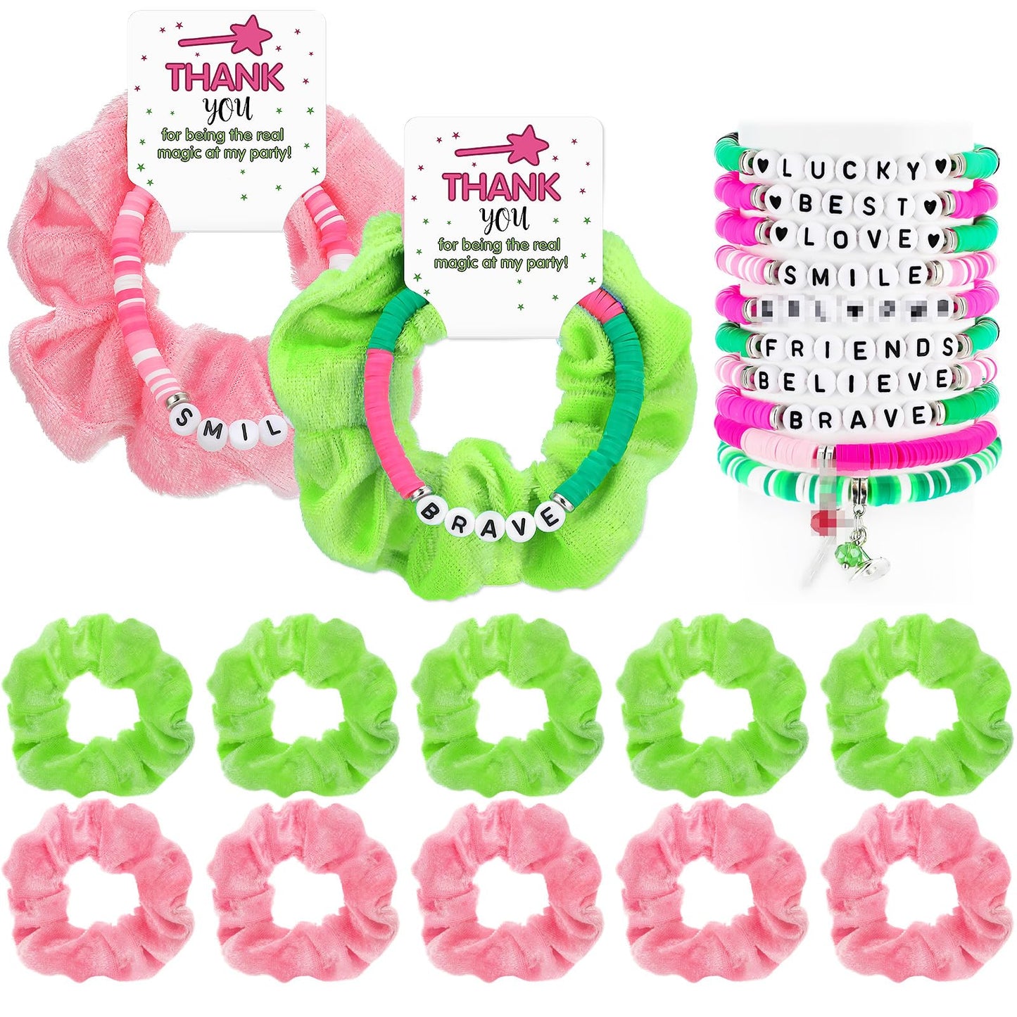 FineCheer 10 Sets Green and Pink Witch Gift for Girls Friendship Magic Bracelet and Scrunchie Bulk for Teen Themed Birthday Party Inspirational Thank You Gifts(Witch Theme)