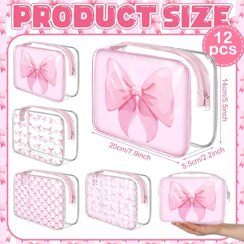 Sunnymove 12 Pcs Pink Bow Makeup Bags Bulk for Women Clear PVC Coquette Cosmetic Bag with Zipper Travel Toiletry Pouch Pink Bow Gifts for Birthday Coquette Party Favor Storage Accessories