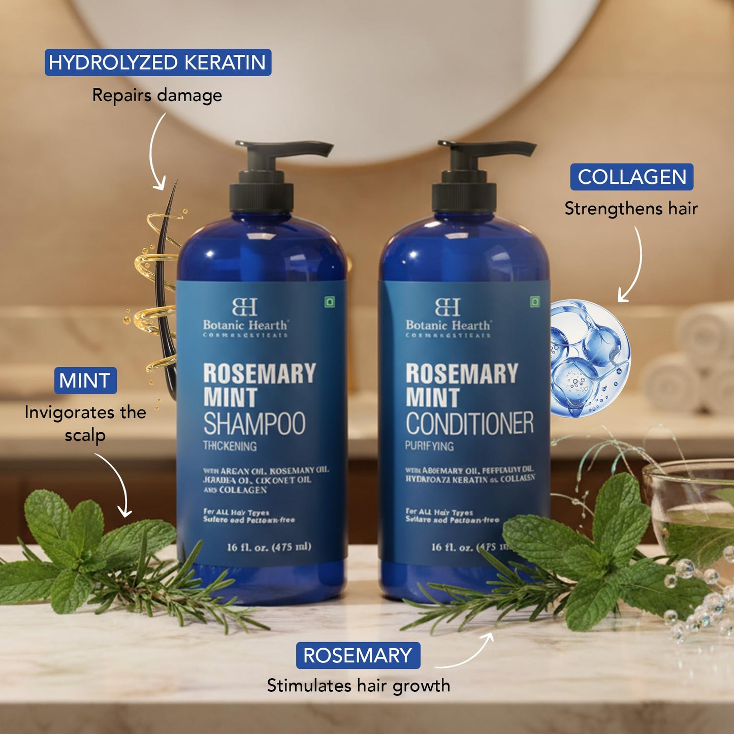 Botanic Hearth Rosemary Mint Shampoo and Conditioner Set, Thickening Formula, Promotes Hair Growth and Scalp Health Sulfate Free & Paraben Free, for Men & Women | 16 fl oz each