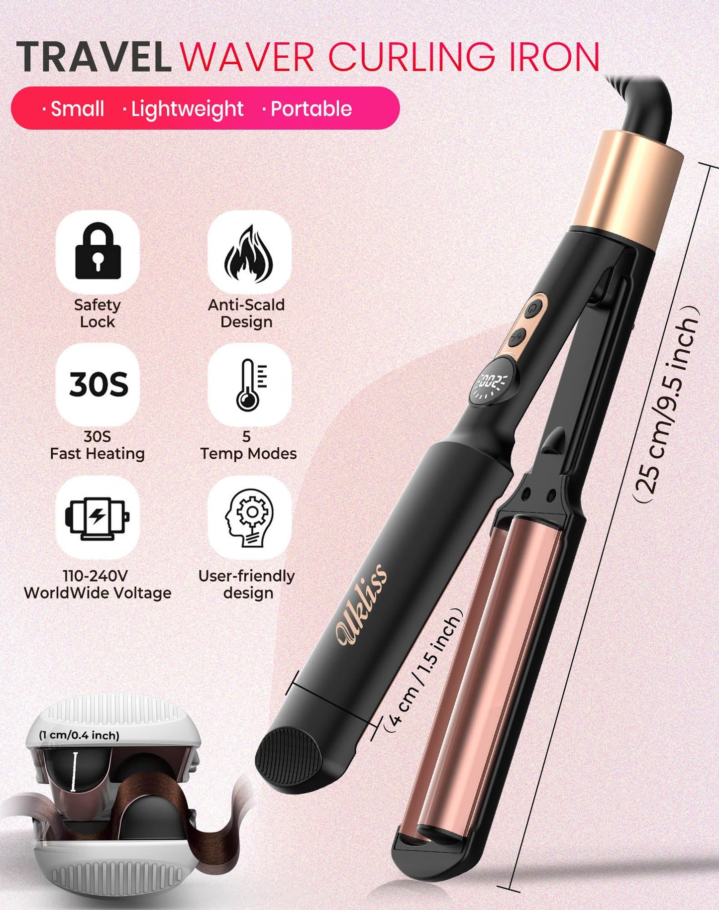 Travel Mini Waver Hair Tool Crimper for Women 0.4 inch Small Double Barrel S Waver Curling Iron Dual Voltage (110-240V) with European Plug Adapter, 5 Temps, Anti-scalding, Auto-Off (Black)