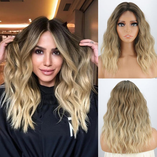 MISSQUEEN Medium Length Ombre Blonde Wavy Wig Short Curly Blond Wig for Women Synthetic Middle Part Heat Resistant Fiber Blonde Hair Wigs for Everyday Hairstyle Party Use