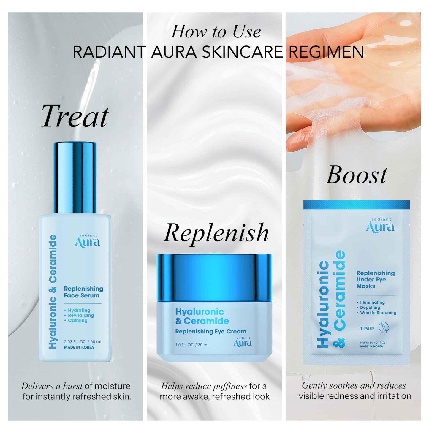 Radiant Aura Eye Cream - Anti-Aging Cream with Hyaluronic Acid & Ceramides - Hydrating Formula for Dark Circles, Puffiness & Fine Lines - Korean Skincare - 1 oz - Pack of 2