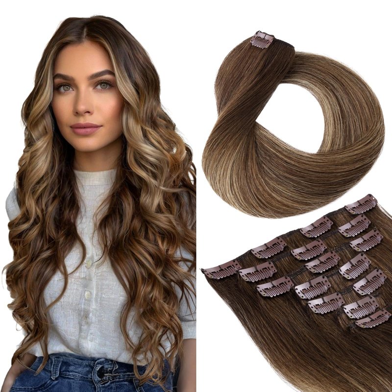 Benehair Clip in Hair Extensions Real Human Hair 14inch Double Weft Dark Brown Mixed Light Brown Hair Extensions Clip in Human Hair Straight Hair Extensions Clip ins 7pcs with 16 Clips #H09
