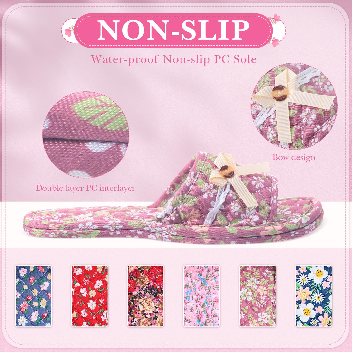 Breathffy 6 Pairs Floral Cotton House Slippers for Women, Soft Open Toe Guest Slippers Washable Foldable, Indoor Hotel Spa Travel Slipper for Women Size 35-39
