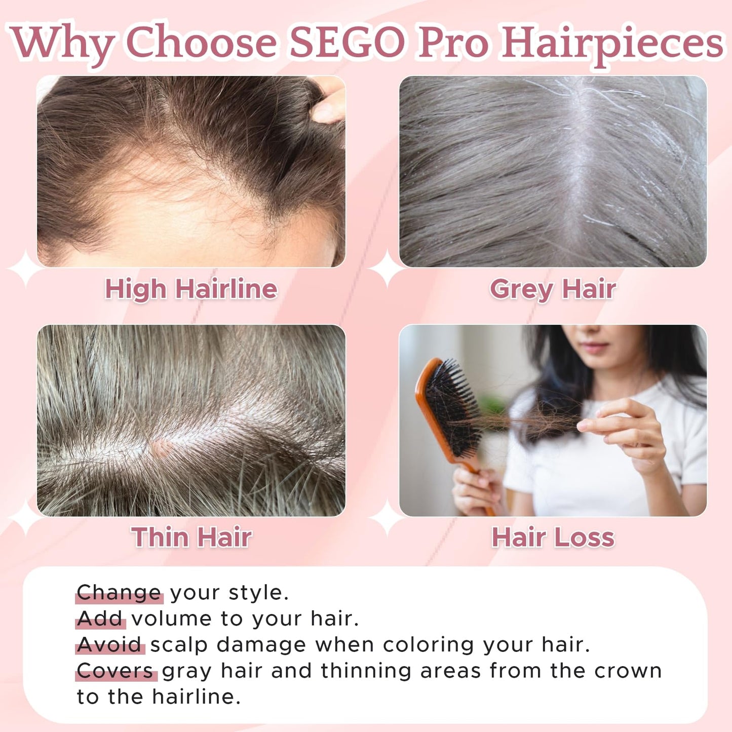 SEGO Pro Hair Topper with Front Bangs, 10 Inch Human Hair Topper for Thinning Hair, 3.15"x4.53" Silk Base for Hairline & Part Coverage, #6 Light Brown