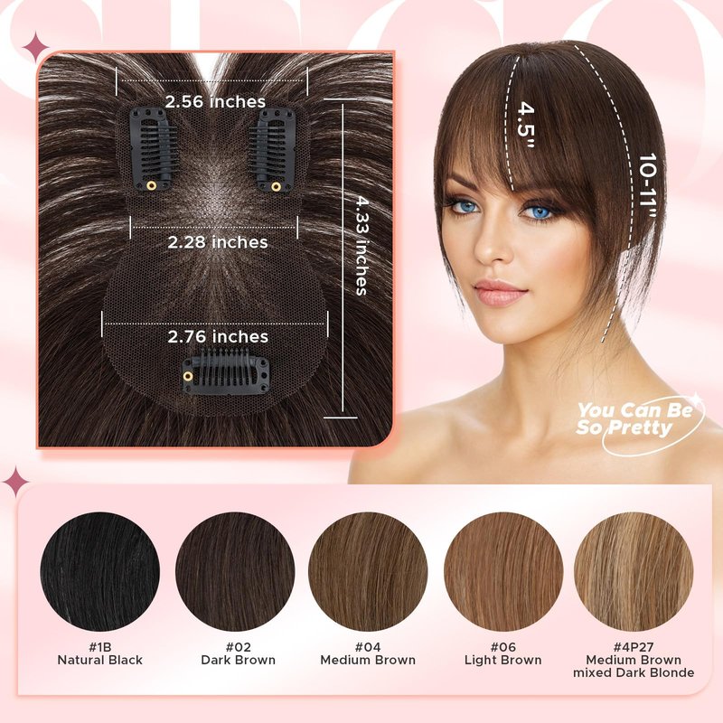 SEGO SEGOHAIR Hair Toppers for Women Real Human Hair with Bangs 360°Cover 3D Clips 2.76"x4.33" Breathable Lace Base 11 Inches Lightweight Hairpieces Wispy Bangs Dark Brown