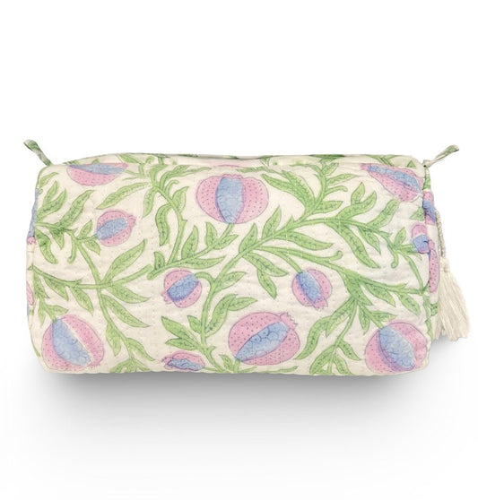 Palmetto Home Block Print Makeup Bag & Toiletry Pouch – Quilted Cotton Cosmetic Bag for Travel, Artisan Handmade Organizer for Women, Giftable (Boho Pomegranate)