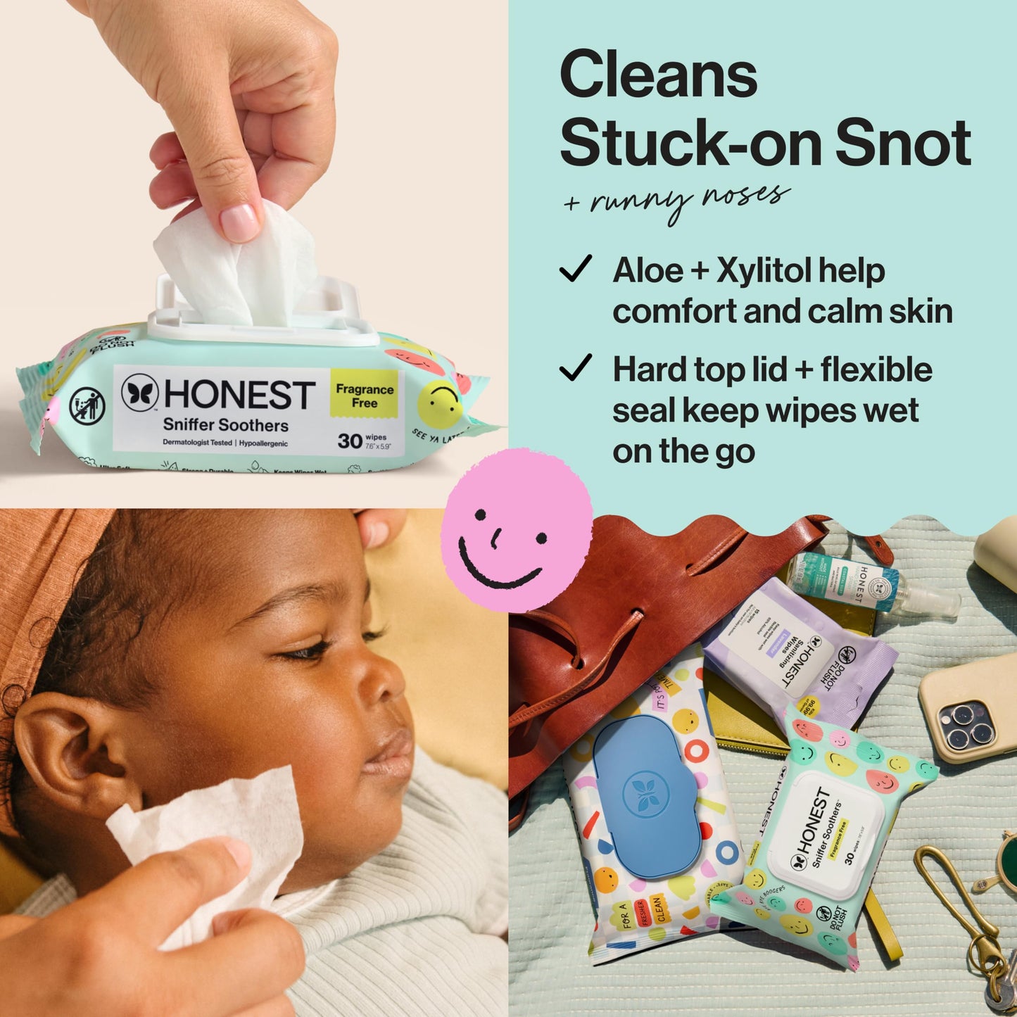 The Honest Company Plant-Based Snot Removing Wipes, Soothing Nose Face with Aloe, Hypoallergenic, Sensitive Skin, EWG Verified, Fragrance-Free, 30 Count