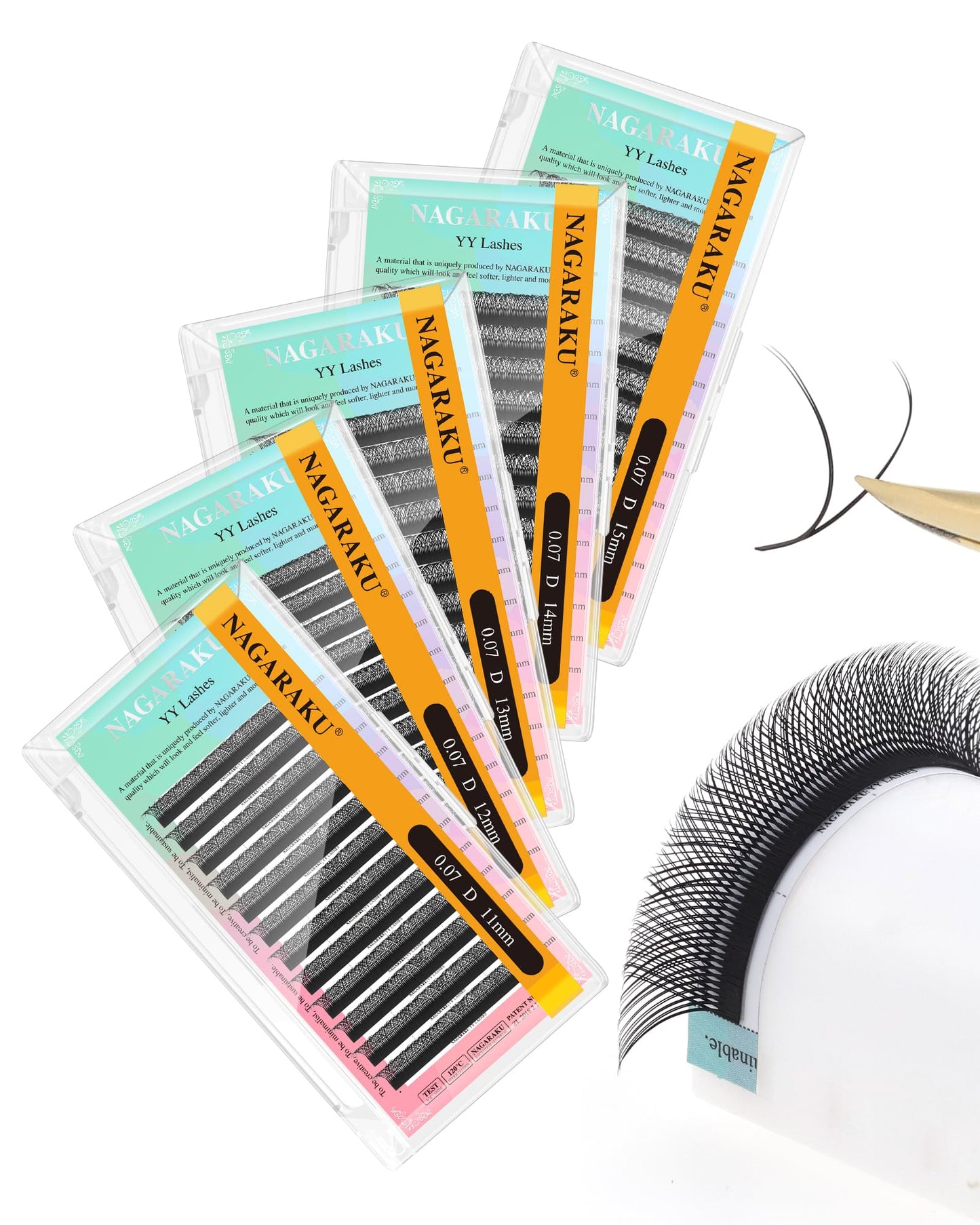 NAGARAKU 5 Trays yy Eyelash Extensions y lash 0.07mm D curl 11/12/13/14/15mm in 1 pack Premade 4D Easy Fan Russian Volume Cluster Faux Mink Matte Black 12 rows