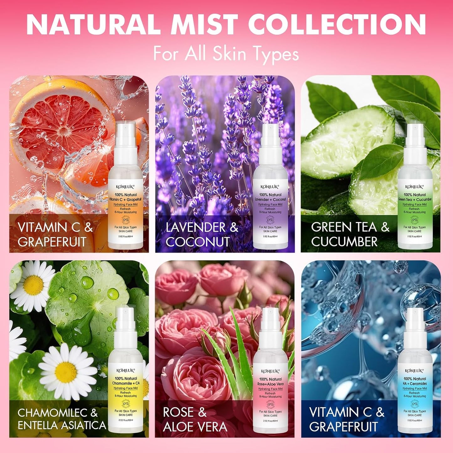 Refreshing Face Mist Kit - Long-Lasting Hydration & Soothing Spray for Glowing Skin | Mini Travel Size 2.02 fl oz, 6 Pack