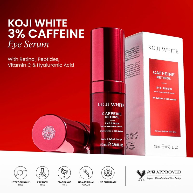Koji White Caffeine Eye Serum - Reduce Puffiness & Dark Circles with Retinol, Peptides & Vitamin C | Fragrance-Free, Vegan, 0.50 Fl Oz