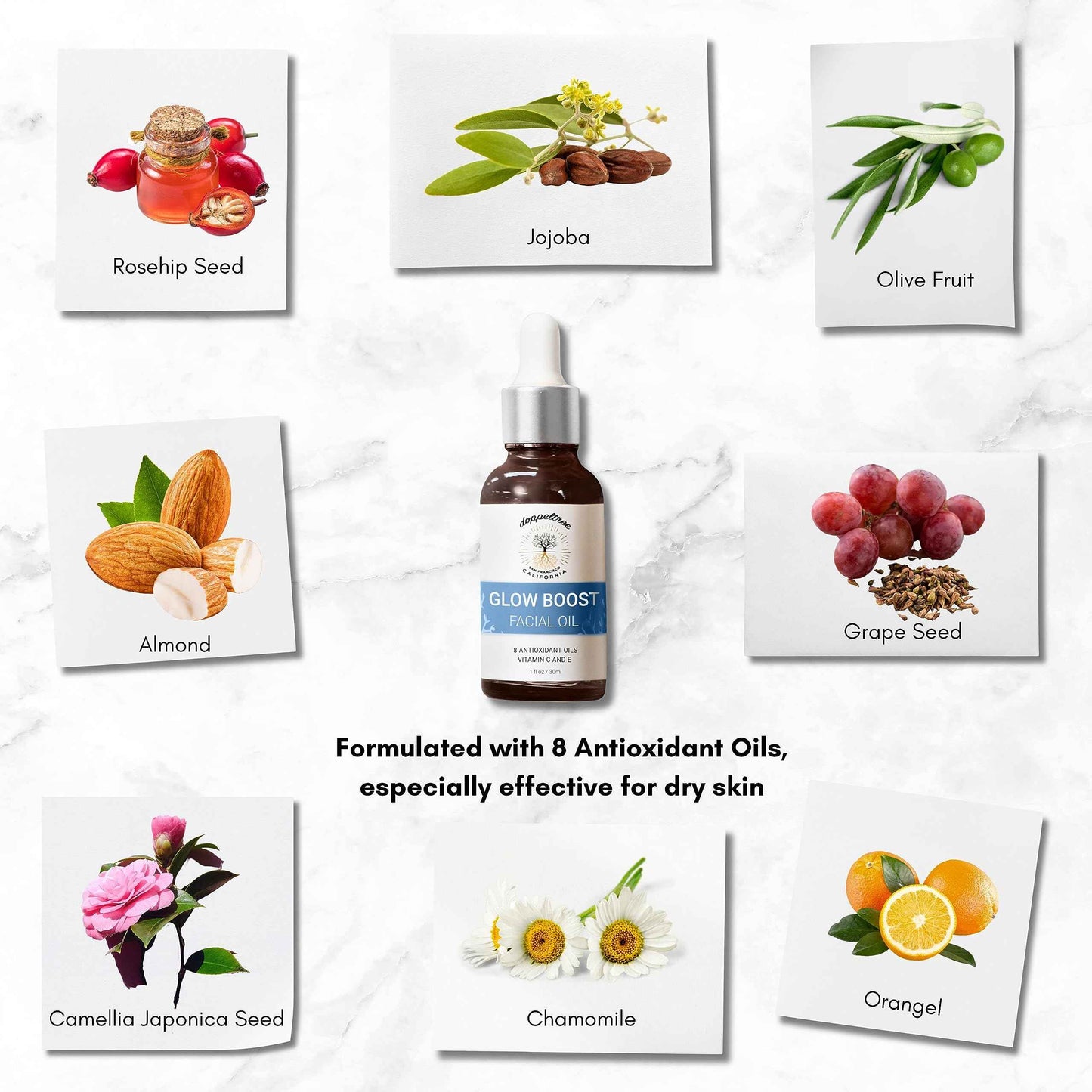 Doppeltree Face Oil for Glowing Skin and Gua Sha Facial Massage, Dermaplaning Facial Oil Anti Aging with Cold-pressed Rosehip Oil, Jojoba Oil, Almond Oil and Vitamin C & E