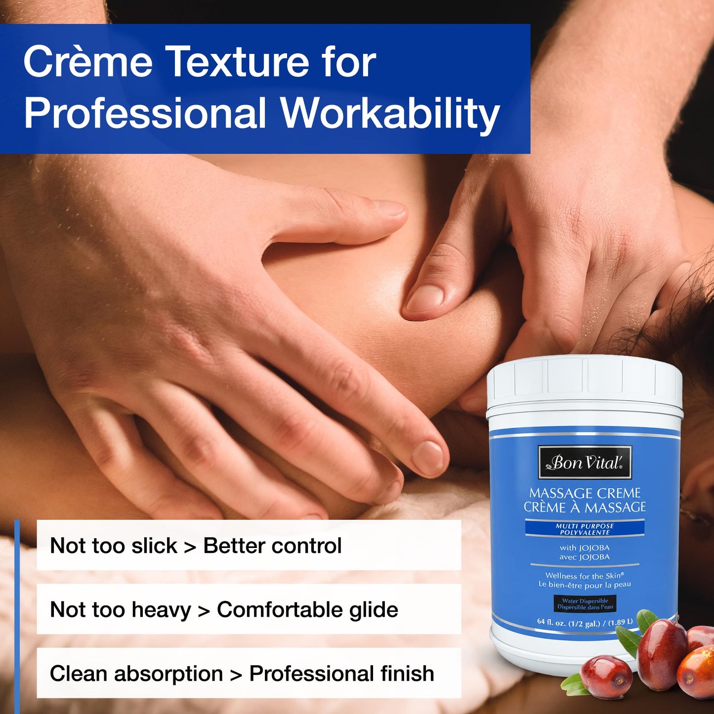 Bon Vital' Multi-Purpose Massage Crème, Professional Massage Cream with Aloe Vera to Relax Sore Muscles, Increase Circulation & Repair Dry Skin, Full Body Massage Moisturizer Cream, 1/2 Gallon Jar