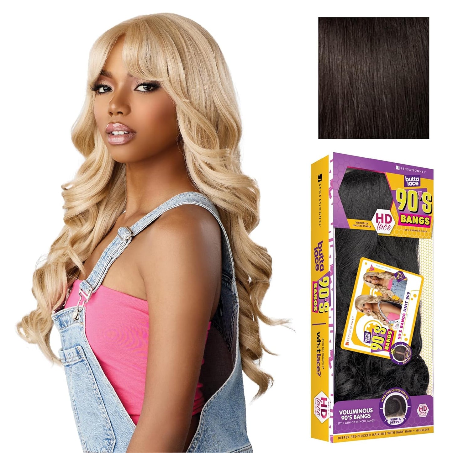 Butta Lace 90S Bangs Wig - Glueless Wide Deep Part Synthetic Hair, Pre-Plucked Hairline | 2 Dark Brown