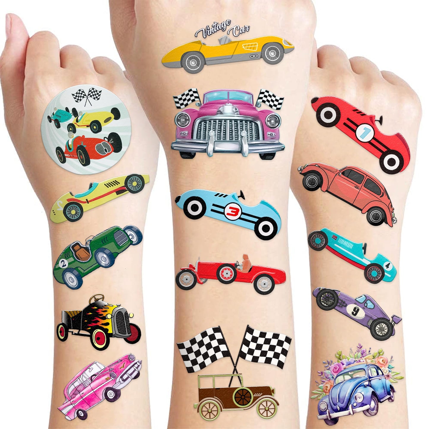 119 PCS Classic Vintage Race Car Temporary Tattoos for Kids
