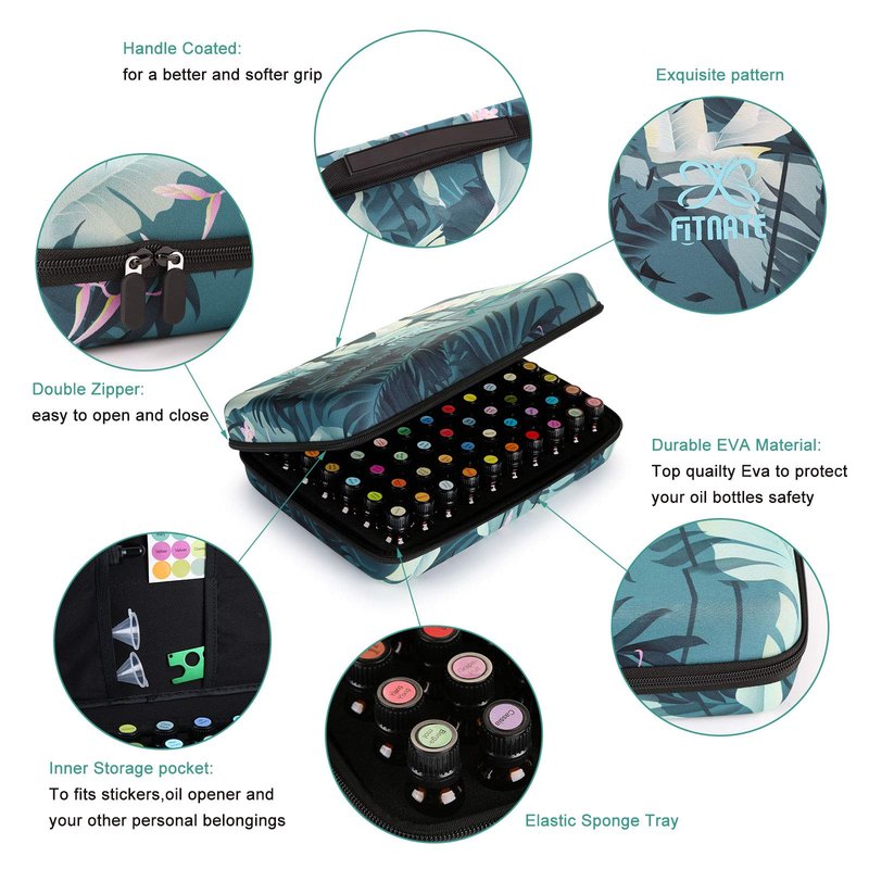 FITNATE 70 Bottles EVA Essential Oil Case Shockproof, Waterproof and Durable, Holding up to 5/10/15 ml Bottles, Essential Oils Travel Case with Bottle Opener, Colorful Stickers and Funnel