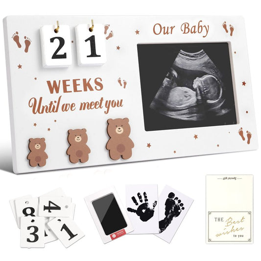 DACO MIN Baby Sonogram Picture Frame with Countdown Weeks, 4"x3" Ultrasound Photo Frame with Inkless Handprint Kit, Bear Pregnancy Announcement Gift for Expecting Mom Dad, Grandparents Reveal (Brown)