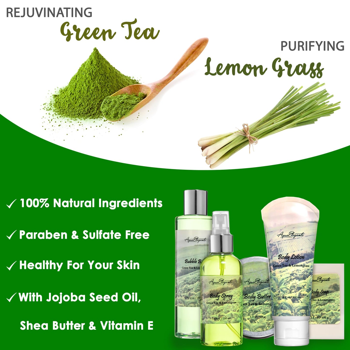 Aqua Elegante Full Spa Gift Set - 15 Piece Premium Bath Basket with Wash, Bubbles, Lotion, Salts, Body Scrub, Towel, Shower Puff, Bathbombs, Reusable Basket, Gifts for Women - Green Tea & Lemongrass