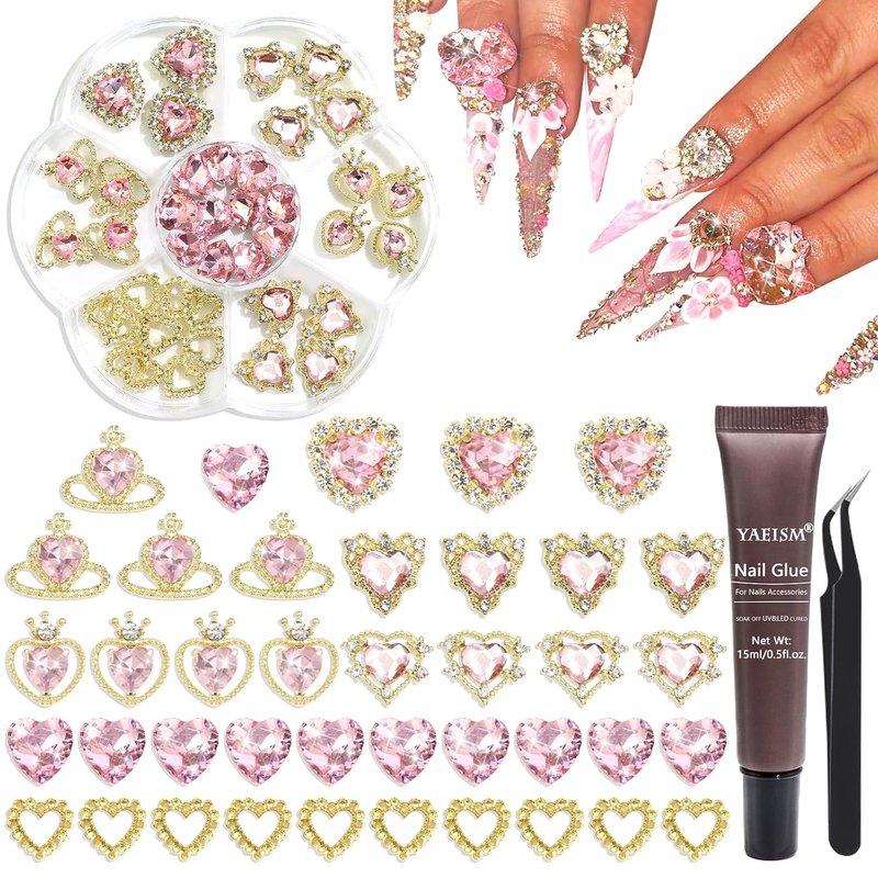 3D Pink Heart Nail Charms Kit - Shiny Gold Nail Gems & Rhinestones | 7 Unique Shapes for DIY Nail Art