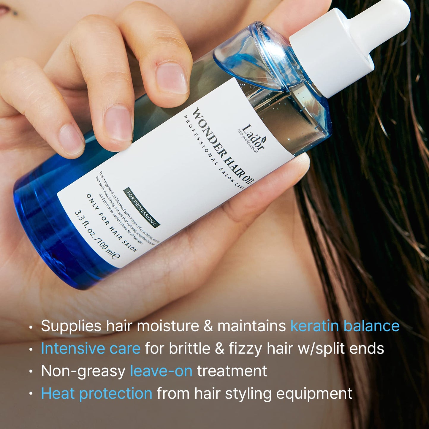 LA'DOR LADOR Wonder Hair Oil Anti Frizz Leave-In Lightweight Protein Coditioner - Squalane Argan Avocado Oil for Dry Static Damaged Bleached Hair Defrizz Heat Protectant Treatment 3.3 Fl Oz Korean