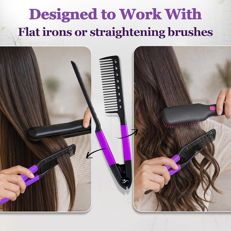 Hair Straightening Comb - Ergonomic Flat Iron Comb for Easy Styling | Reduces Heat Damage - Purple
