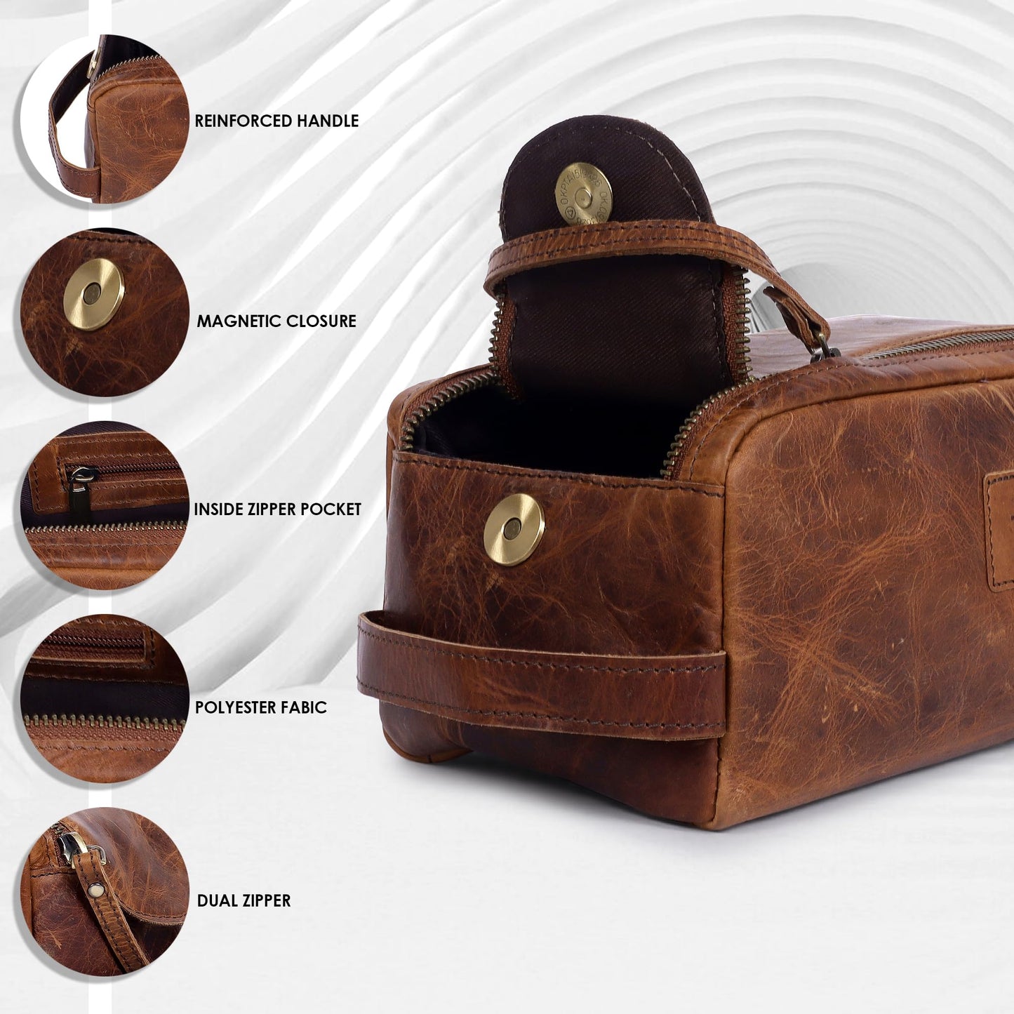 TRISKY Buffalo Leather Toiletry Bag For Men & Women- Grooming Bag For Men, Travel Pouch With Water Resistant Lining, Leather Toiletry Bags For Mens, King-size Handcrafted - Tan
