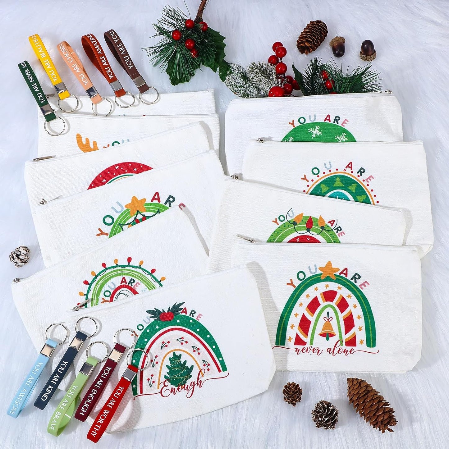 Inspirational Gifts for Women - 40 Pcs Rainbow Canvas Makeup Bags & Keychains | Perfect for Staff & Team Appreciation