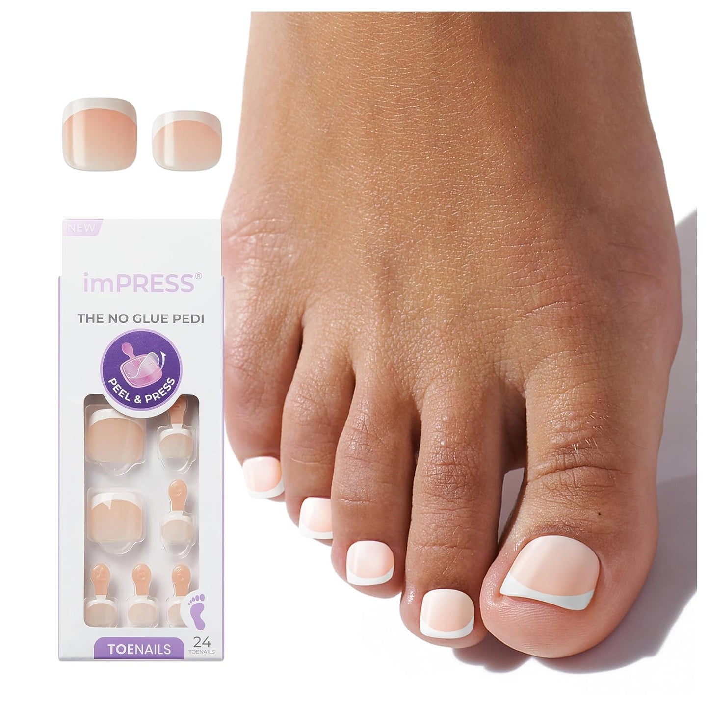 KISS imPRESS Pedicure Press On Toenails, 'Angel Vibes', White, Short Squoval, Pedicure Nail Kit Includes 24 Press On Toenails, Prep Pad, Mini Nail File, & Pedicure Stick