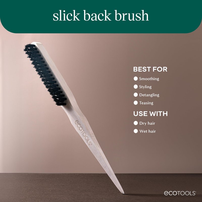 EcoTools Slick Back Hairbrush, Small Brush For The Perfect Ponytail Or Bun, Tease, Smooth, & Style Hair, Tame Frizz & Flyaways, Renewable Bamboo Handle & Vegan Boar Bristles, Cruelty-Free, 1 Count