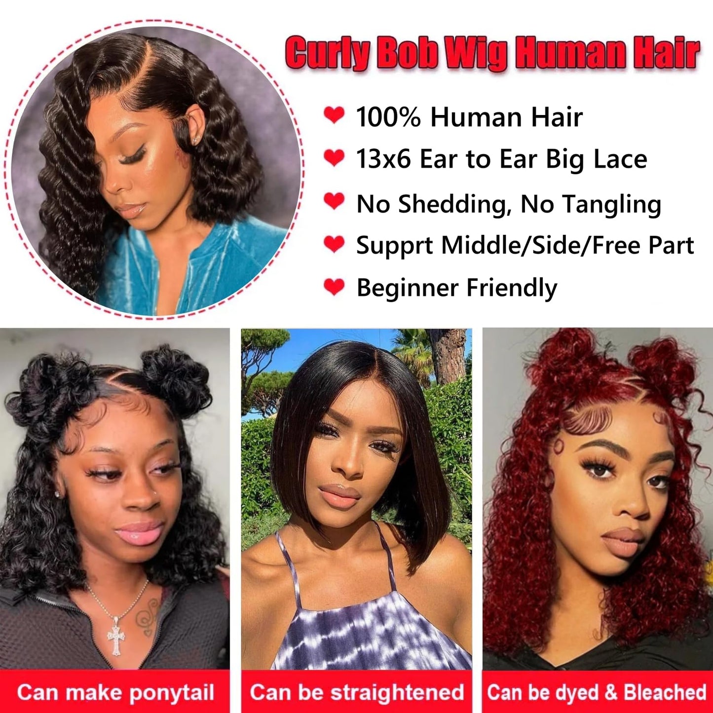 Nakkia Bob Wig Human Hair 13x6 Deep Wave Lace Front Wigs 13x6 Lace Frontal 180% Density Curly Bob Wig Human Hair Pre Plucked for Women Natural Black 8 Inch