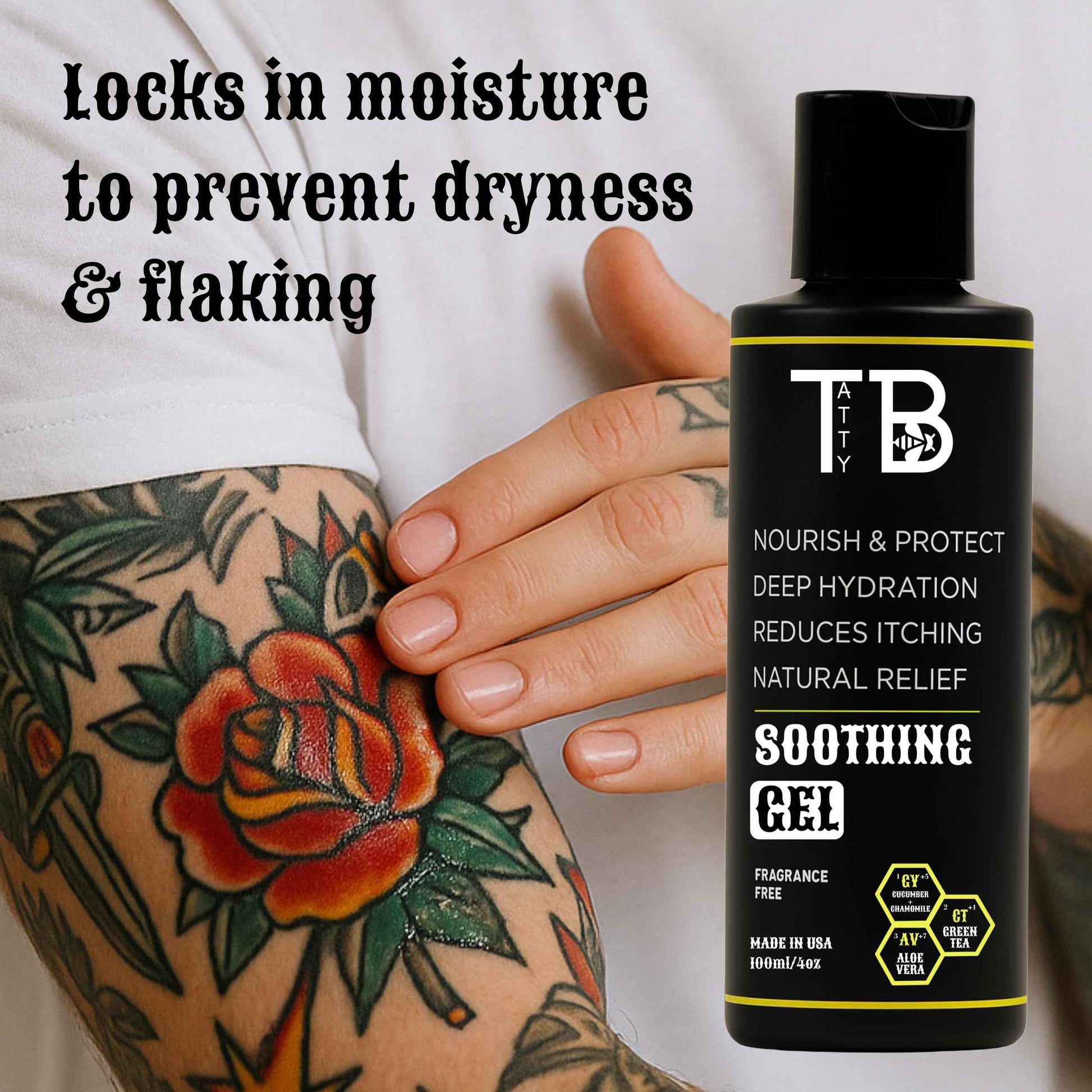 TattyBee Tattoo Soothing Gel & Moisturizer – Calming Aftercare for New Tattoos – Aloe, Green Tea, Chamomile & Cucumber – Fast-Absorbing, Fragrance-Free Hydration – 4oz