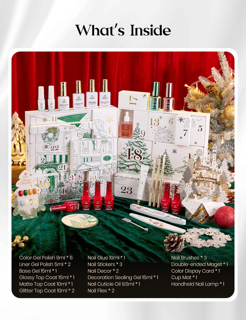 beetles Gel Polish Merry Glitzmas 2026 Gift Box – Summer Nail Art Set with Mini LED Nail Lamp Base Top Coat and Festive Holiday Surprises Gifts for Women Girls