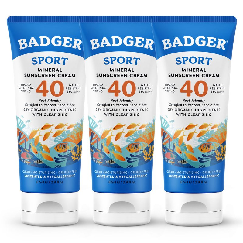 Badger Sport Mineral Sunscreen, Reef Safe, SPF 40, 98% Organic with Zinc Oxide, Water Resistant, Hawaii Reef Act 104 Compliant, Unscented & Hypoallergenic, For Sports & Adventures, 2.9 fl oz, 3-Pack