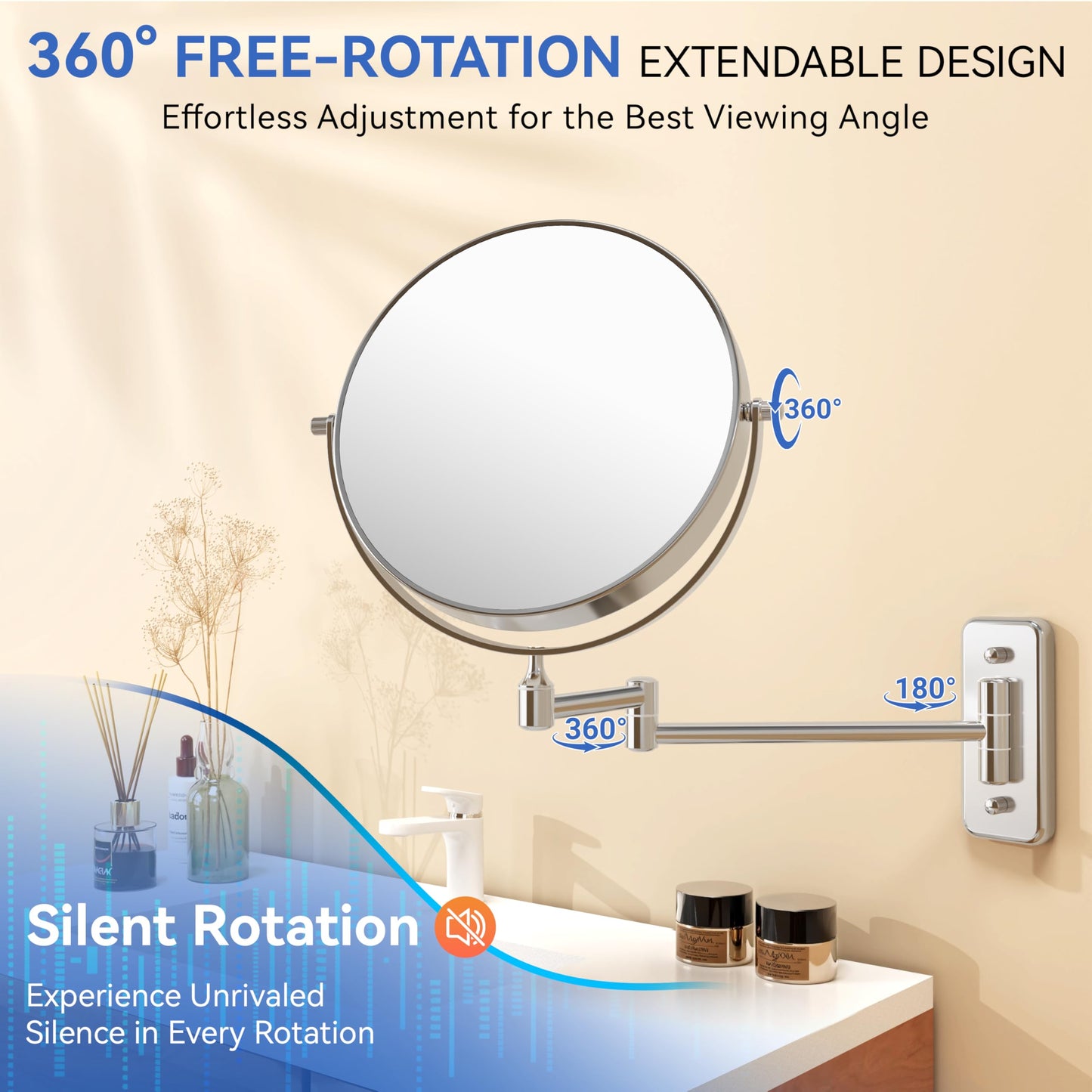 Auxmir 8'' Wall Mounted Makeup Mirror, 1X/30X Double-Sided Magnifying Mirror with Tweezer, HD Bathroom Makeup Mirror, Cosmetic Vanity Mirror with 360 Rotation Extendable Swivel Arm, Chrome