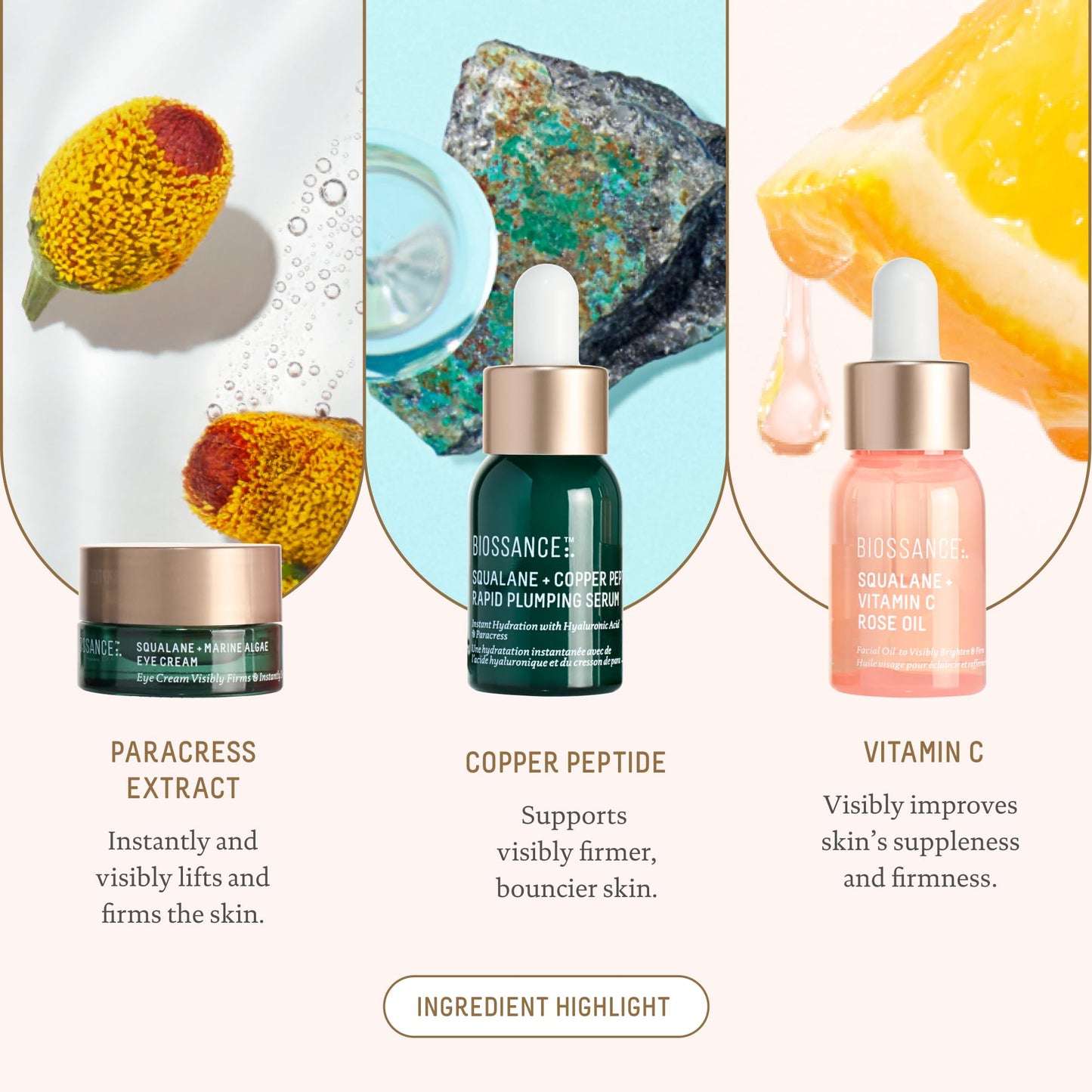 Biossance, Moisture Miracles Holiday Gift Set, Vitamin C Rose Oil, Marine Algae Eye Cream, Copper Peptide Rapid Plumping Serum, facial skincare set