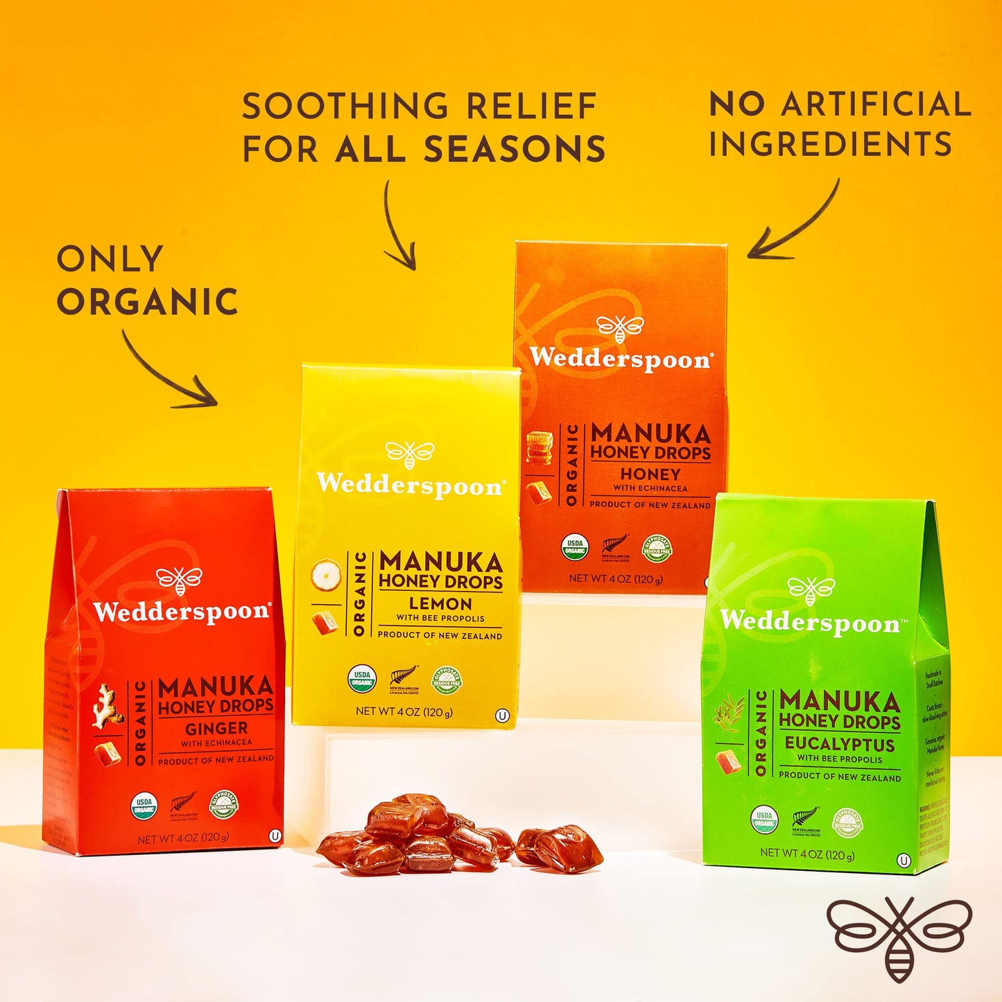 Wedderspoon Organic Manuka Honey Drops, Variety Packs, 120 Count | USDA Organic | Genuine New Zealand Honey, Natural Remedy for Dry Throat