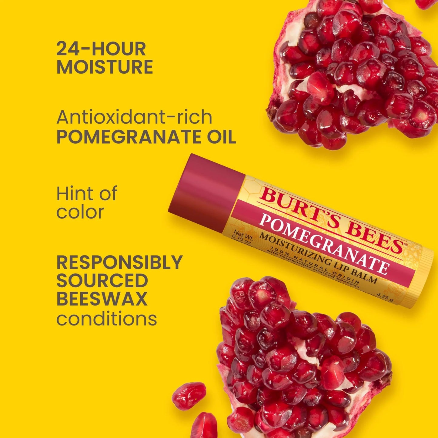 Burt's Bees Lip Balm, Pomegranate, Lip Moisturizer With Responsibly Sourced Beeswax, Tint-Free, Natural Origin Conditioning Treatment, 0.15 oz., Four Tubes
