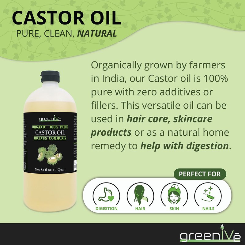 GreenIVe 100% Pure Castor Oil – Cold-Pressed, Hexane-Free – Hair, Eyebrows, Eyelashes, Skin Moisturizer, Castor Pack Wrap Oil Bulk Bottle (1 Gallon)