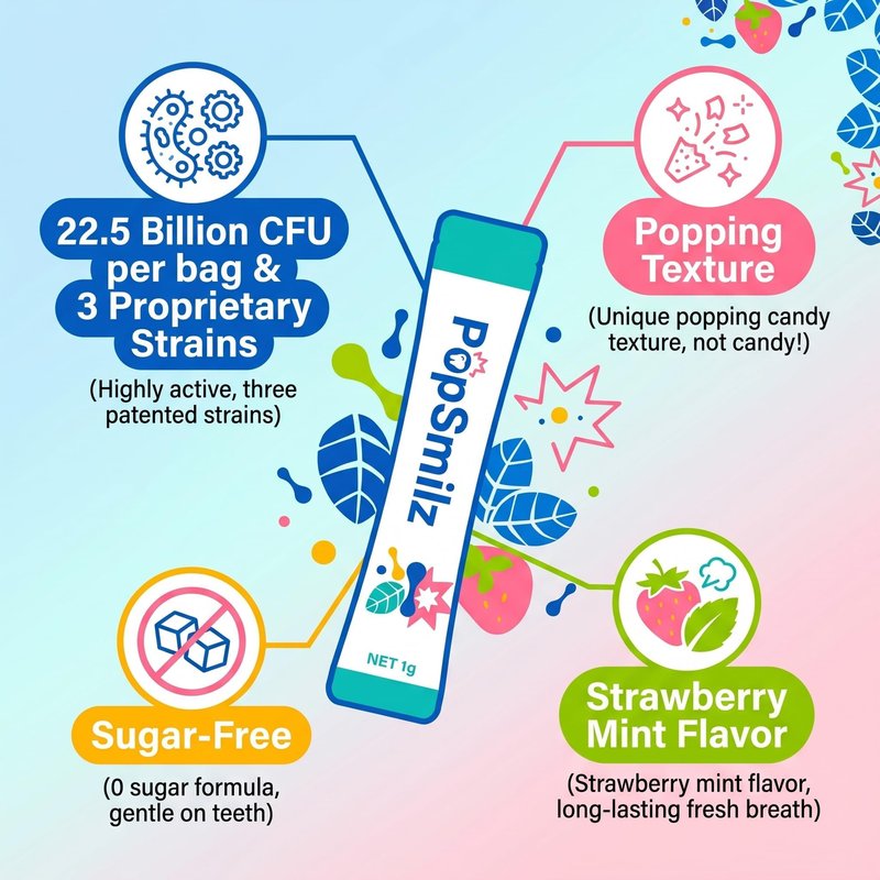 fanFentac Oral Probiotics for Bad Breath & Gum Health - 22.5 Billion CFU Dental Probiotic Powder with 3 Proprietary Strains - Sugar-Free Strawberry Mint Popping Powder - 30 Stick Packs