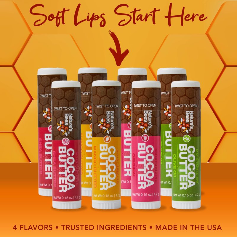 Nature's Bees, Cocoa Butter Flavored Lip Balm Tubes Set Bulk Assortment Chap Treatment Moisturizer For Dry Lips, Original Variety Assortment (Shea Butter, Original, Olive Oil, Mango Butter) - 48 Pack