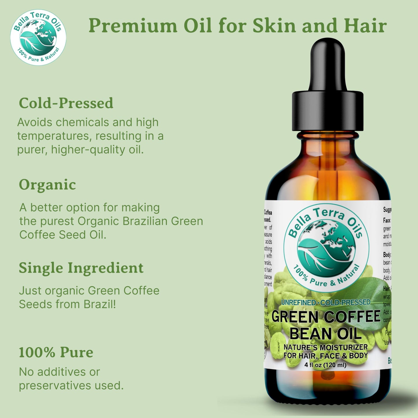 Bella Terra Oils - Green Coffee Bean Oil 8 oz - Famed for Trigonelline & Nutritional Compounds, Elevate Beauty Rituals with this Caffeine Oil Delight