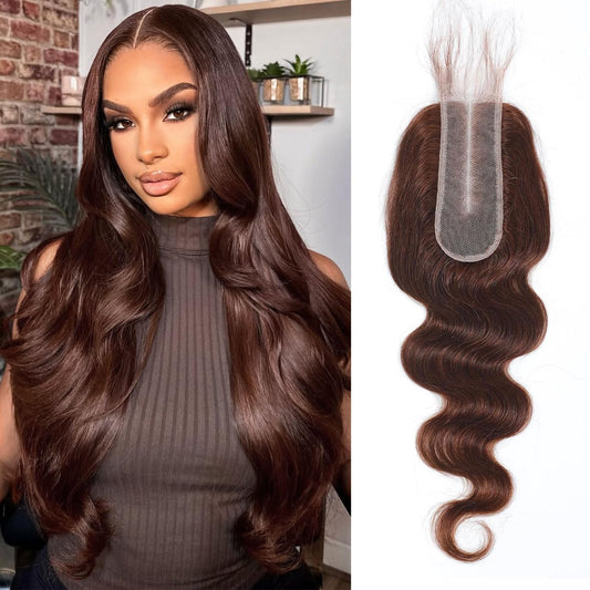 2x6 Closure Human Hair 16 Inch HD Transparent Lace 2x6 Body Wave Closure Middle Part Brazilian 4# Brown Human Hair Closure With Baby Hair