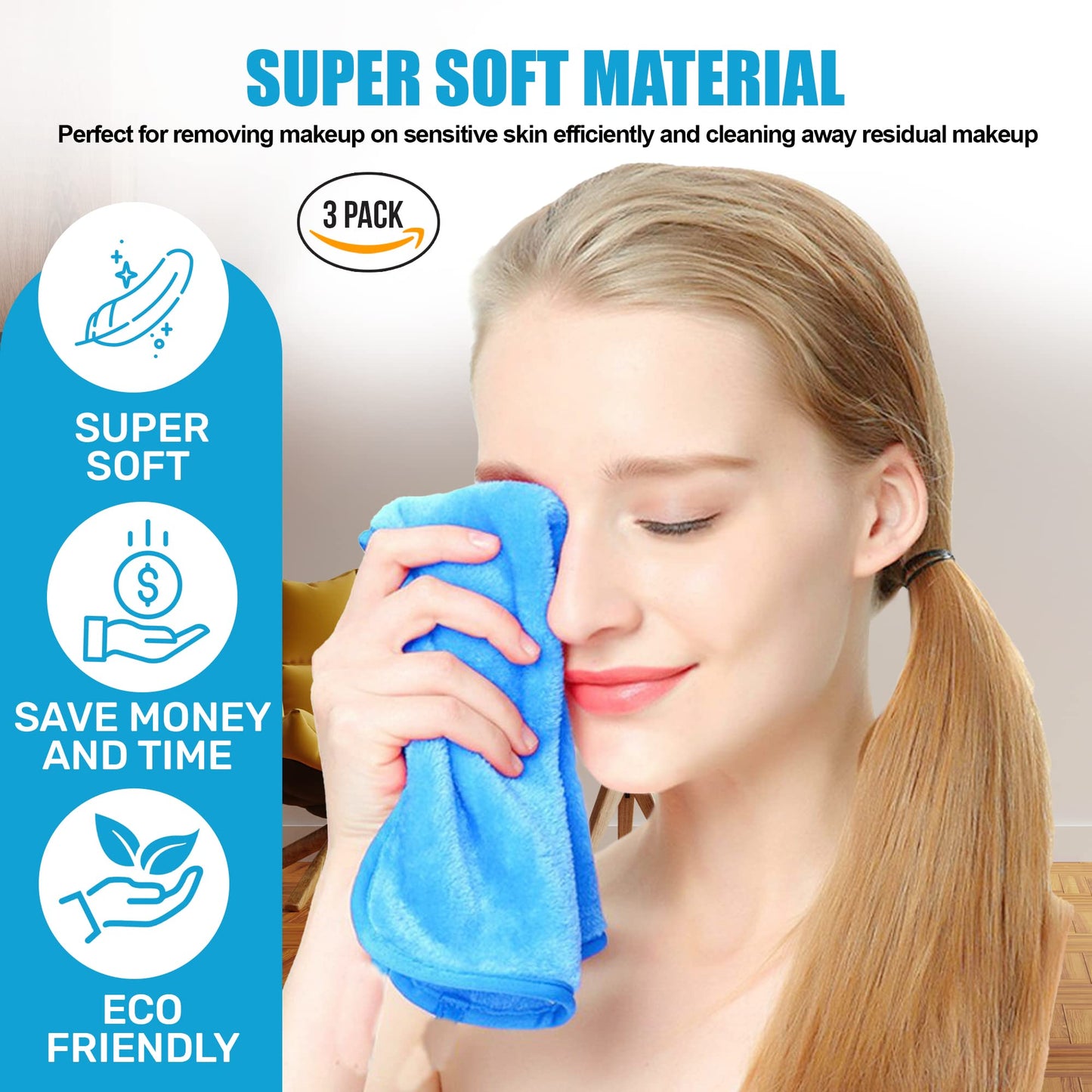 Makeup Remover Face Towel for Women - Quick Dry Wash Cloth for Gentle Facial Cleansing | Reusable Pack of 3