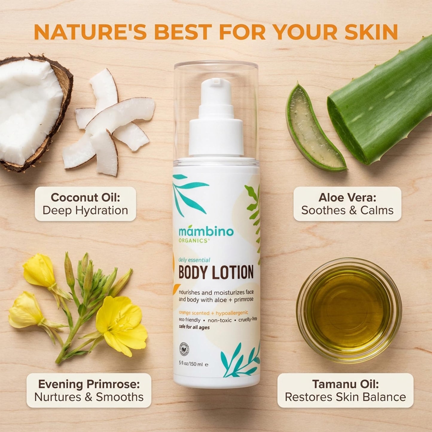 Mambino Organics Daily Essential Face & Body Lotion, Hydrating Body Lotion with Coconut, Aloe & Tamanu Oil, Lightweight Moisturizer for Dry Skin, Vegan & Cruelty-Free Skin Care, 5 fl oz (3-Pack)